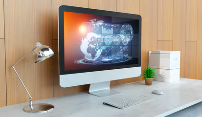Modern computer with digital hologram presentation 3D rendering