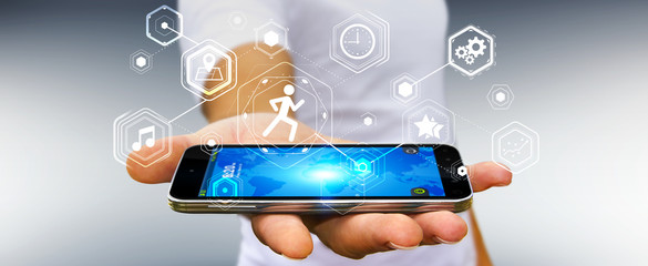 Young man using running application to check his performances 3D rendering