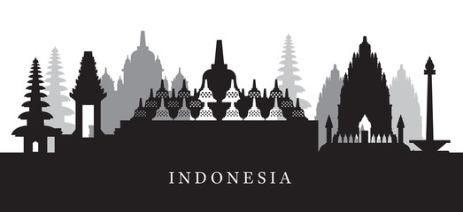 Indonesia Landmarks Skyline in Black and White Silhouette, Cityscape, Travel and Tourist Attraction
