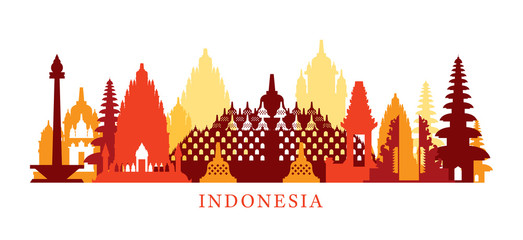 Indonesia Architecture Landmarks Skyline, Shape, Silhouette, Cityscape, Travel and Tourist Attraction - obrazy, fototapety, plakaty