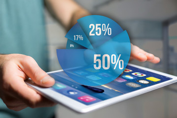 Blue survey graph interface with business theme going out a smartphone - Technology concept