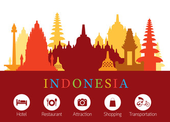 Indonesia Landmarks Skyline with Accomodation Icons, Cityscape, Travel and Tourist Attraction