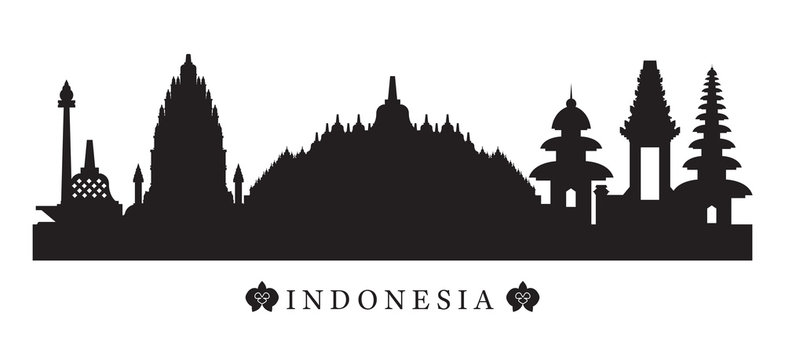 Indonesia Landmarks Skyline in Black and White Silhouette, Cityscape, Travel and Tourist Attraction