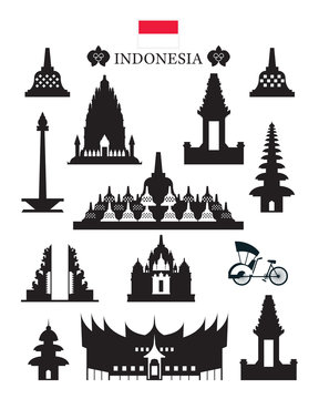 Indonesia Landmarks Architecture Building Object Set, Design Elements, Black and White, Silhouette