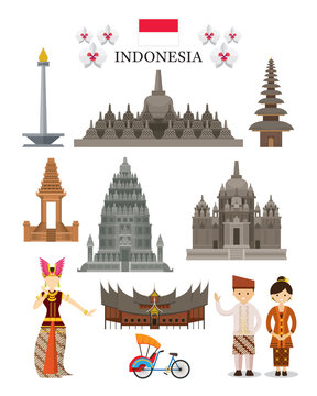 Indonesia Landmarks and Culture Object Set, National Symbol and Architecture, Travel and Tourist Attraction