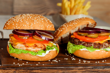 Two cheeseburgers in the decoration closeup shot