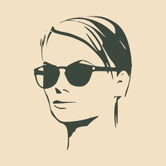 Portrait of beautiful woman in black sunglasses. Short hair. Vector version. Half turn view