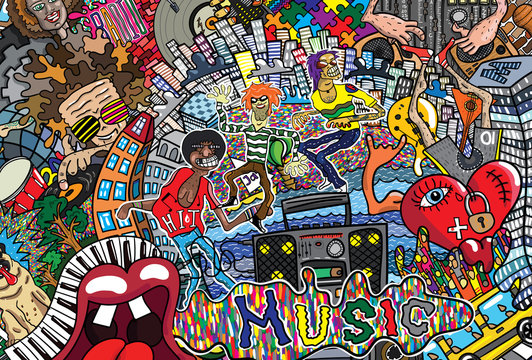 Music collage on a large brick wall, graffiti