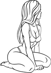 Beautiful girl in bikini black and white drawing.
