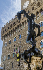 The ancient statue Perseus with the head of Medusa by Benvenuto Cellini, Piazza della Signoria square, Florence, Italy