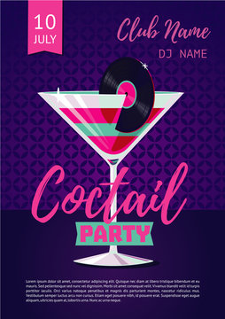 Coctail Party. Poster for nightclub with glass and vinyl.