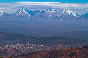 Trishul peak overlooking Ranikshet town in the Himalayas. Elevation 7,120 Meter