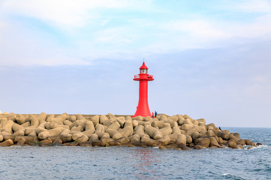 Red lighthouse at Sea of Jeju island in South Korea