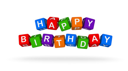 Happy Birthday. Colorful Toy Block Flying on White Background.