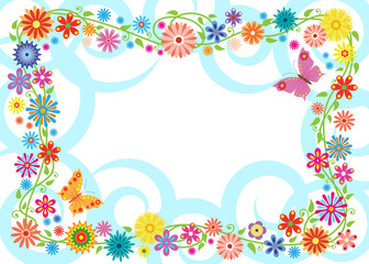 Summer frame formed of fancy flowers and butterflies. 
