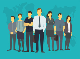 Company business group people of office clerks. With his leader, boss. Training on the stock exchange. On a blue background world map.
