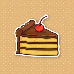 Vector illustration. A piece of cake with chocolate cream and glaze and cherry top. Sticker in cartoon style with contour. For greeting cards, patches, prints for clothes, badges, posters, menus