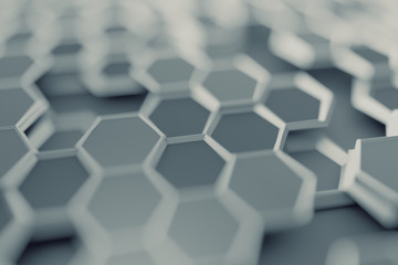 Abstract 3d rendering of futuristic surface with hexagons. Contemporary sci-fi background with bokeh effect. Poster design.
