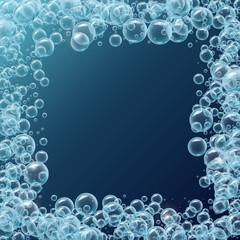 Square frame of realistic water bubbles. Deep sea with bubbles and sprays underwater. Template for aqua park, swimming pool, diving club design. Good for greeting card and party invitation.