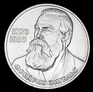 Commemorative coin USSR one ruble. Friedrich Engels 1820-1895. Year of release 1985. Isolated on black background.