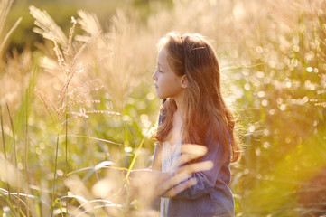 The lovely girl walks in warm summer day in the field