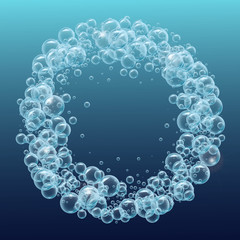 Round frame of realistic water bubbles. Template for aqua park, swimming pool, diving club design. Good for greeting card, banner, flyer, party invitation. Deep sea with bubbles and sprays underwater.