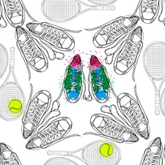 Materiał do szycia seamless pattern with tennis, rackets, ball. Hand drawn, drawing paper, design background, backdrop. Sport inventory for winner.