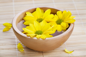 Obraz na płótnie Canvas Yellow flowers in wooden bow
