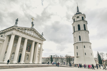 People leaving the cathedral in  Vilnius Lithuania
