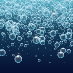 Falling rain of realistic water bubbles. Template for aqua park, swimming pool, diving club design. For greeting card, banner, flyer, party invitation. Deep sea with bubbles and sprays underwater.