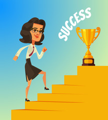 Happy smiling business woman character climbing stairs to success and gold cup. Vector flat cartoon illustration
