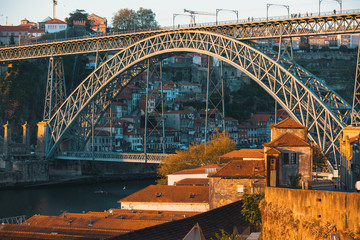 Naklejka premium View of Douro river and Dom Luis I bridge, Porto, Portugal.