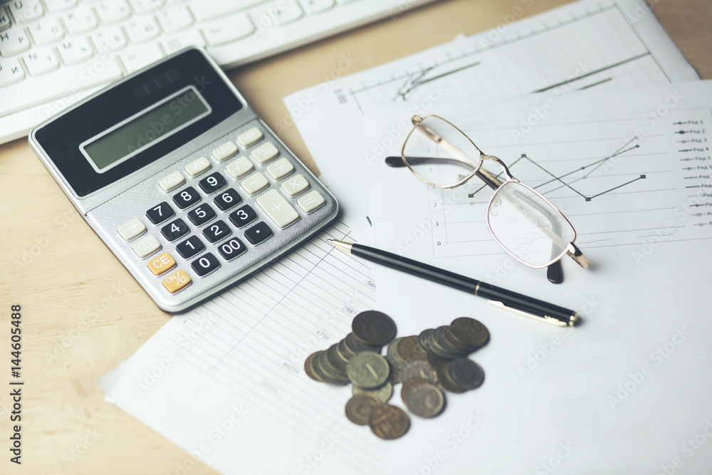 Poster calculator with document and coins