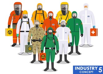 Fototapeta premium Chemical industry concept. Group different workers standing together in differences protective suits on white background in flat style. Dangerous profession. Vector illustration.