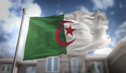 Fototapeta na wymiar Algeria Flag 3D Rendering on Blue Sky Building Background