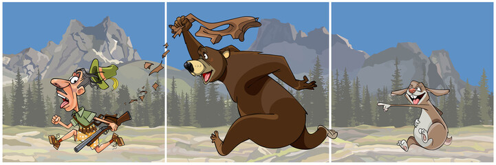 Naklejka premium triptych cartoon bear chasing a hunter and the hare scoffs