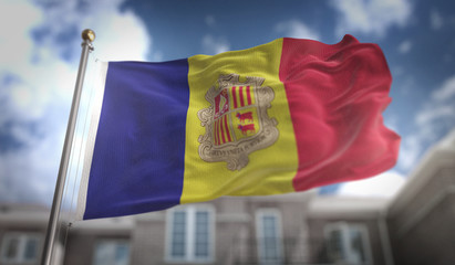 Fototapeta na wymiar Andorra Flag 3D Rendering on Blue Sky Building Background
