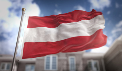 Fototapeta na wymiar Austria Flag 3D Rendering on Blue Sky Building Background