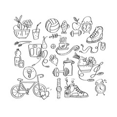 Hand drawn sport equipment icons vector illustration