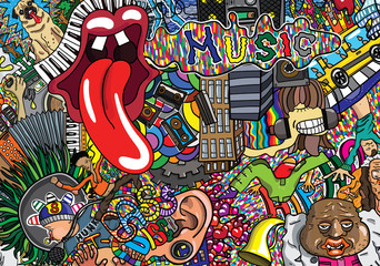 Music collage on a large brick wall, graffiti © Zarya Maxim