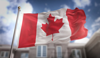 Obraz na płótnie Canvas Canada Flag 3D Rendering on Blue Sky Building Background