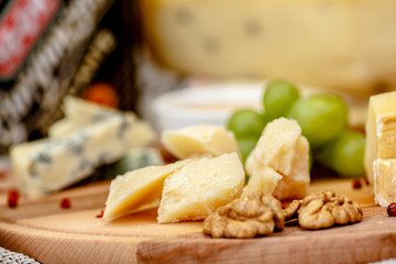 Different types of Italian cheeses (Parmesan, Gorgonzola, Roquefort) are on the Board. Macro.