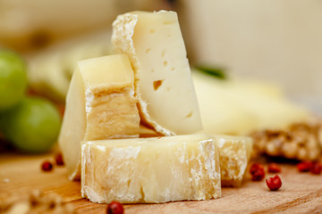 Different types of Italian cheeses (Parmesan, Gorgonzola, Roquefort) are on the Board. Macro.