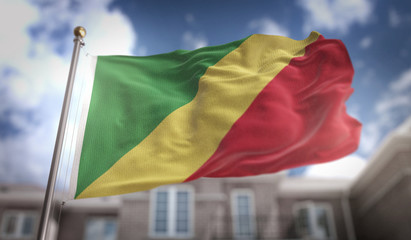 Fototapeta na wymiar Republic of the Congo Flag 3D Rendering on Blue Sky Building Background