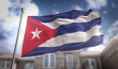 Fototapeta na wymiar Cuba Flag 3D Rendering on Blue Sky Building Background