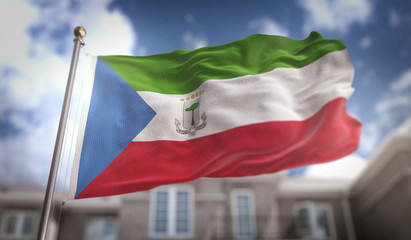 Fototapeta na wymiar Equatorial Guinea Flag 3D Rendering on Blue Sky Building Background