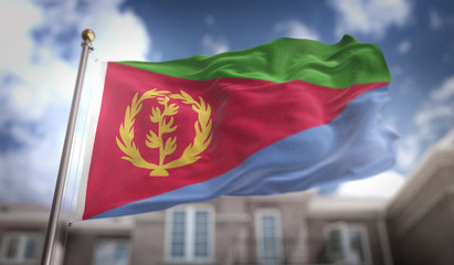 Fototapeta na wymiar Eritrea Flag 3D Rendering on Blue Sky Building Background