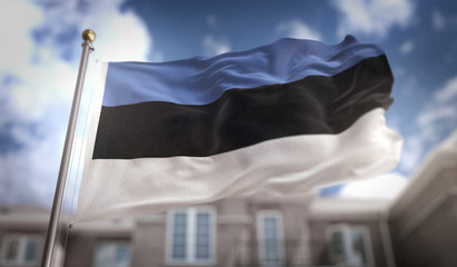 Fototapeta na wymiar Estonia Flag 3D Rendering on Blue Sky Building Background