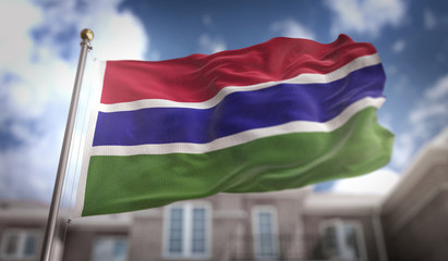 Fototapeta na wymiar The Gambia Flag 3D Rendering on Blue Sky Building Background