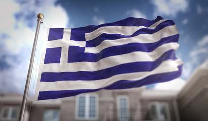 Greece Flag 3D Rendering on Blue Sky Building Background